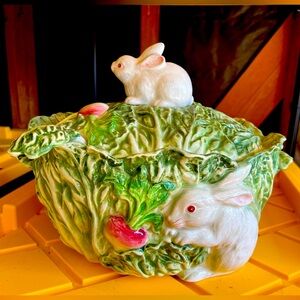 Rabbit soup/stew tureen. Small chip on the underside of one of the handles.
